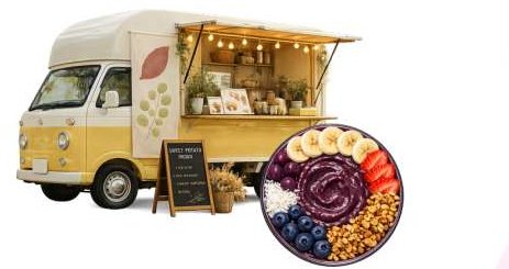 黄色いキッチンカーと彩り豊かなボウル料理